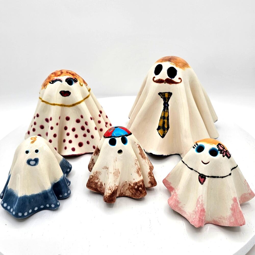 Whimsical Ghost in Sheets Pottery Figurines - Family of 5 - Handmade by Artist